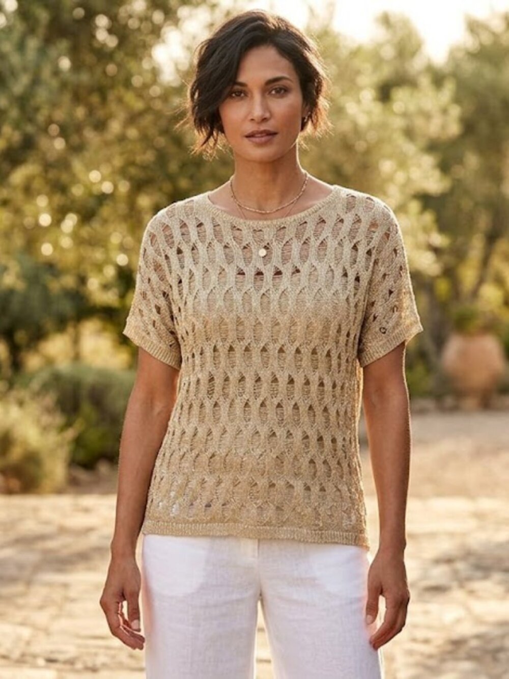 Chico's Metallic Gold Open-Knit Sweater - Short Sleeve Mesh Top - Size 1 (Medium
